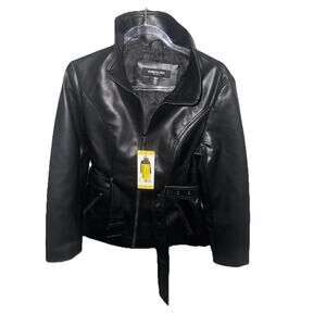 Kenneth Cole New York Women’s Black Faux Leather Jacket Size S NWT Belted